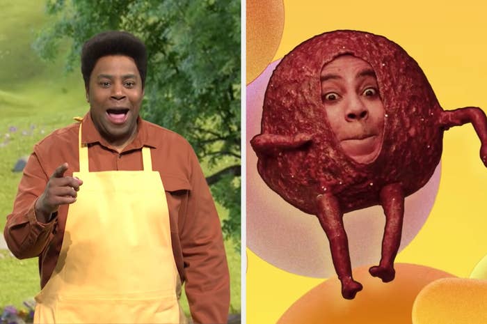 Kenan pointing as he wears an apron in the Paw Patrol sketch on the left and as a meatball in another sketch on the right
