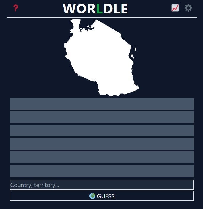 A screenshot of Worldle, which has an outline of a country, some empty boxes underneath it, and a place where you can type your guess underneath that