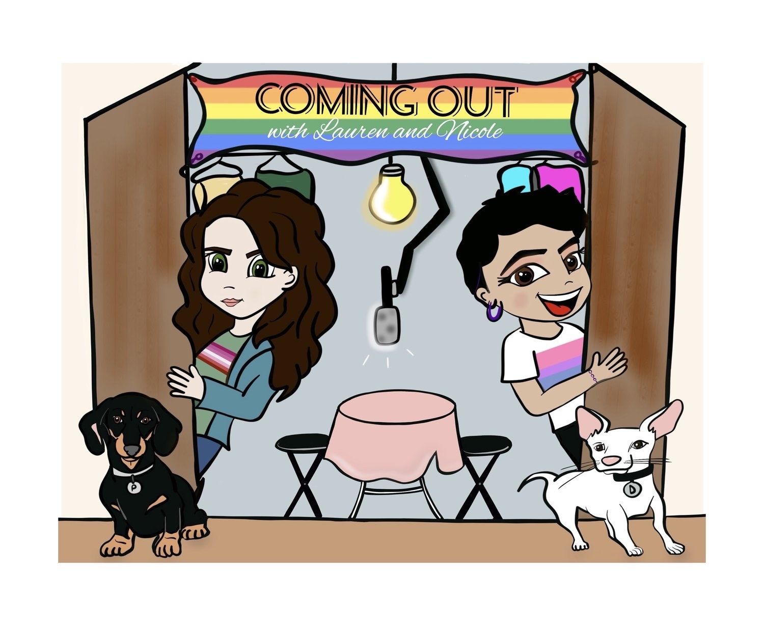 An illustration of two girls and two dogs standing in front of a recording studio