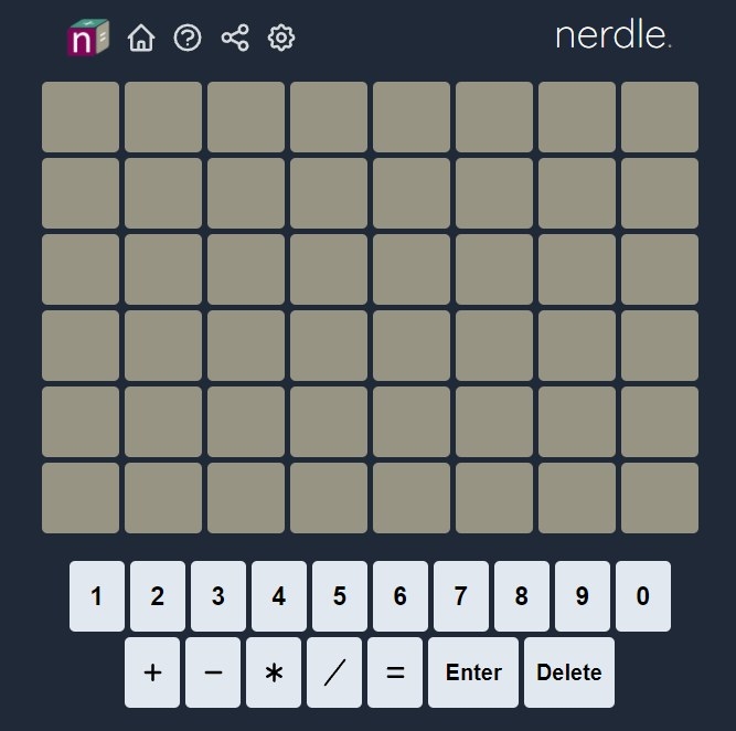 A screenshot of Nerdle that features various blank boxes with boxes filled with numbers underneath them