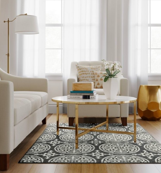 Gray and white area rug under a brass coffee table in a living room