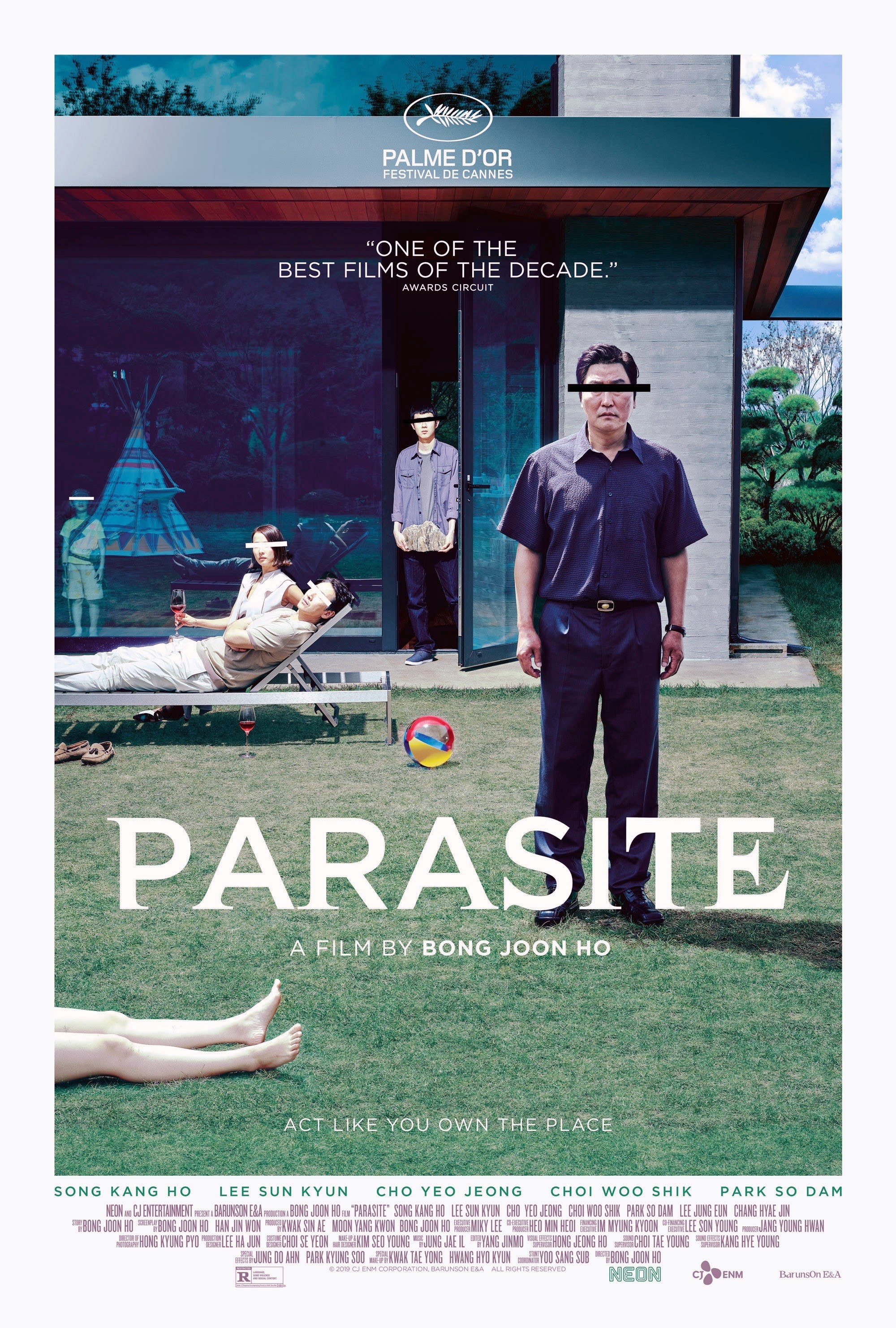 The poster for Parasite featuring several people standing and sitting in a luxurious backyard with bars placed over their eyes