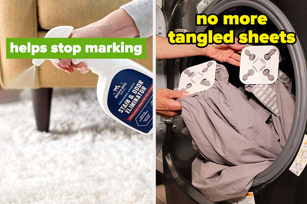 L: stain and odor eliminator spray with text on the image that says "helps stop marking" R: wad-free tabs on bed sheets with text on the image that says "no more tangled sheets"