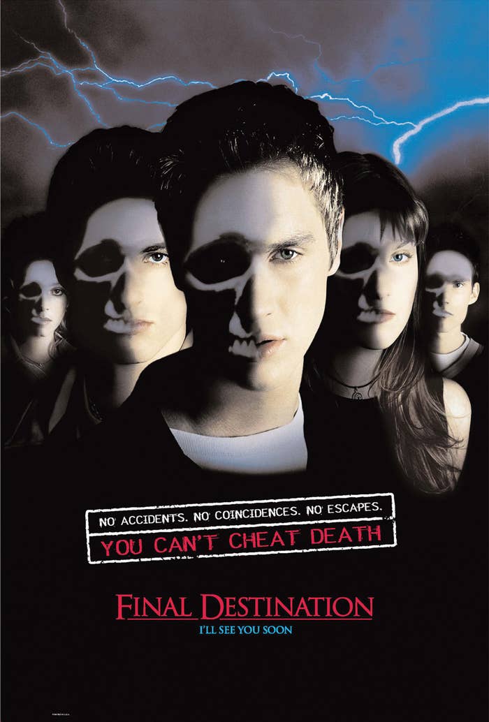 A poster of five teens whose faces are half alive and half skeletal