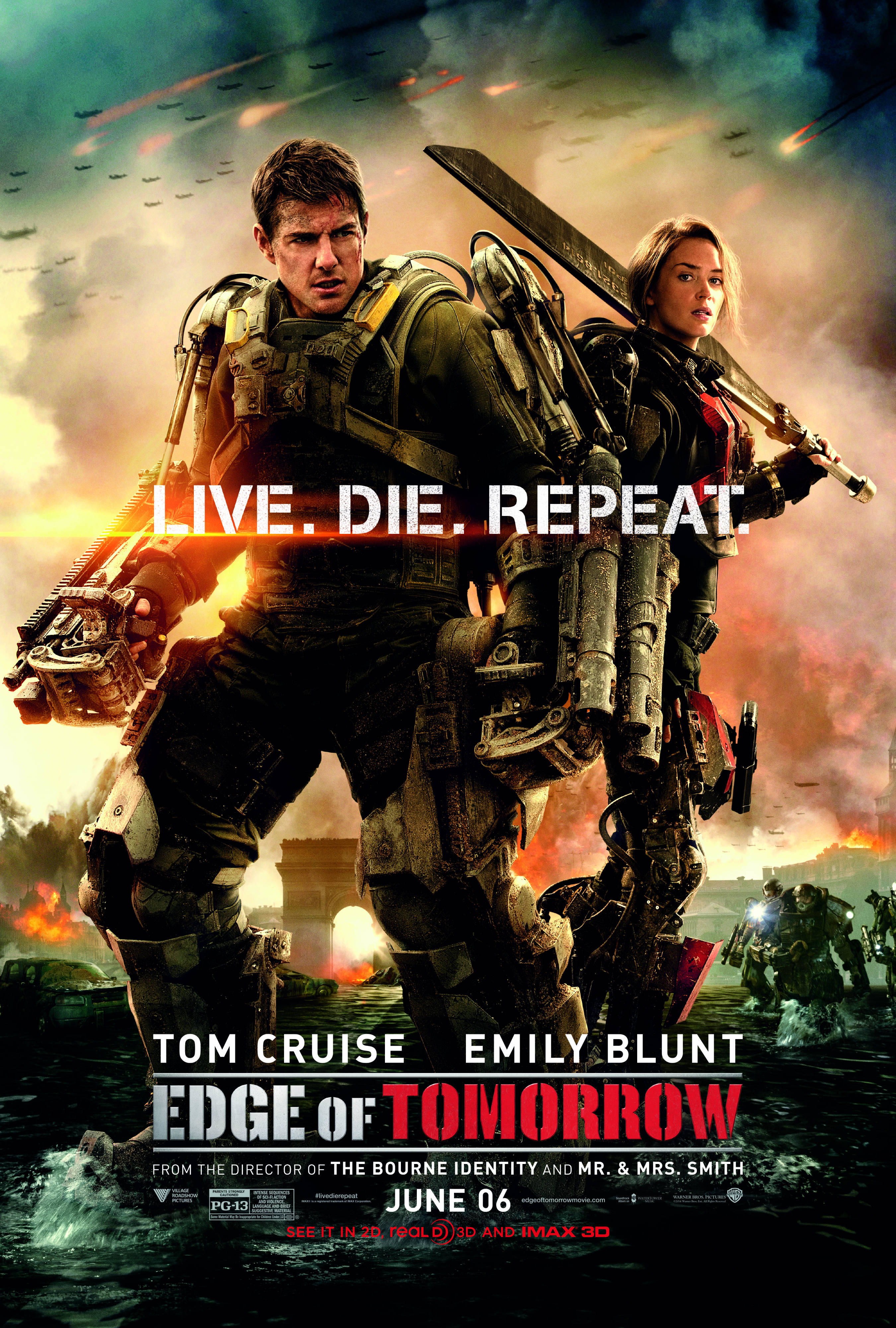 A poster showing Tom Cruise and Emily Blunt outfitted in futuristic military gear