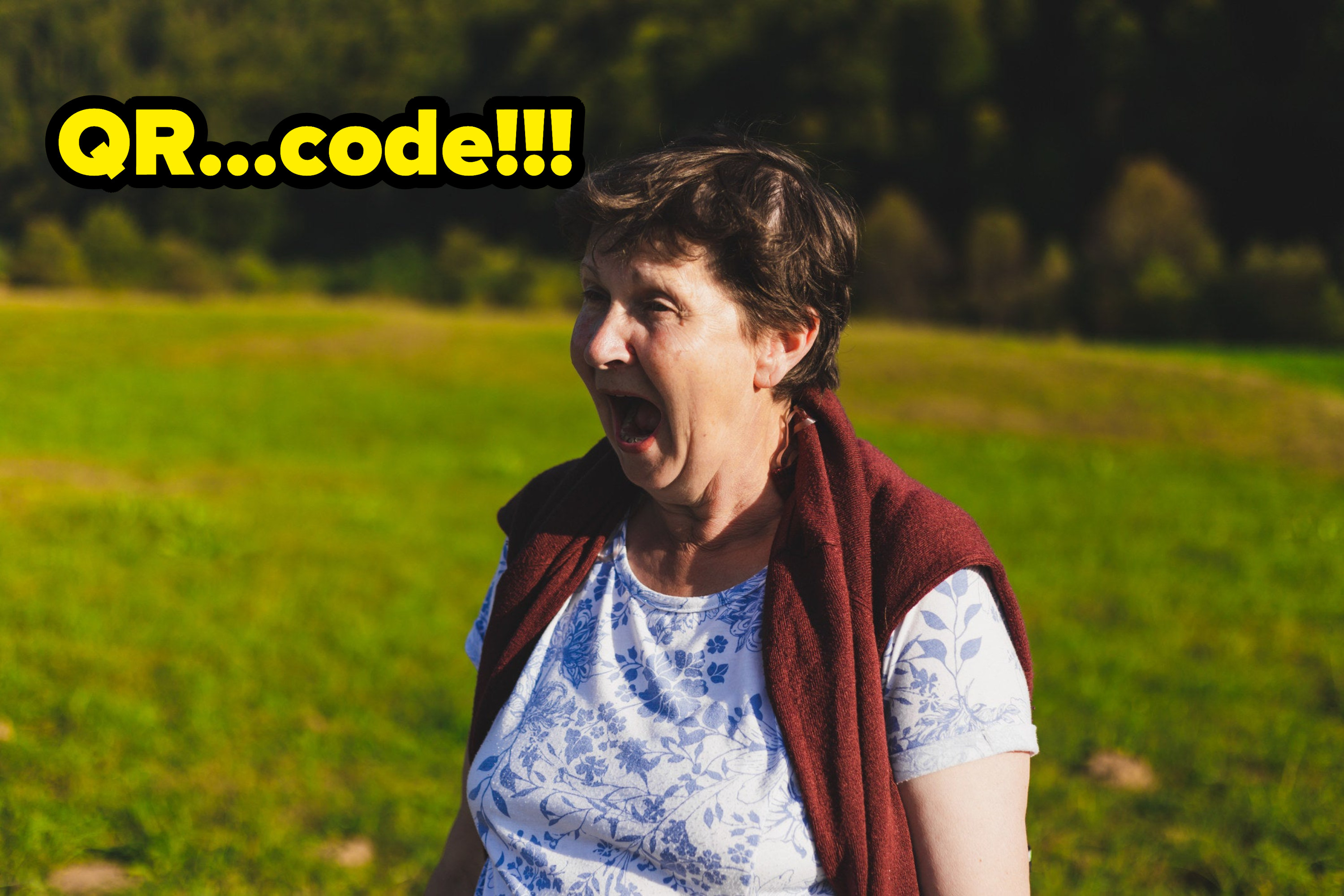 an older woman yelling qr code