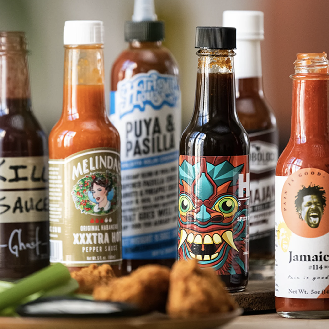 an array of hot sauces
