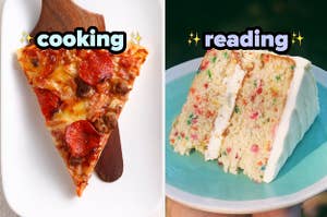 On the left, a slice of pepperoni and sausage pizza labeled cooking, and on the right, a slice of Funfetti cake with vanilla frosting labeled reading