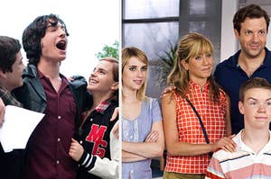 Erza Miller stands in between Emma Watson and Logan Lerman and the main cast of the movie "We're the Millers"