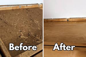 before and after of a buzzfeeder's cabinets covered in grease and gunk and then completely clean