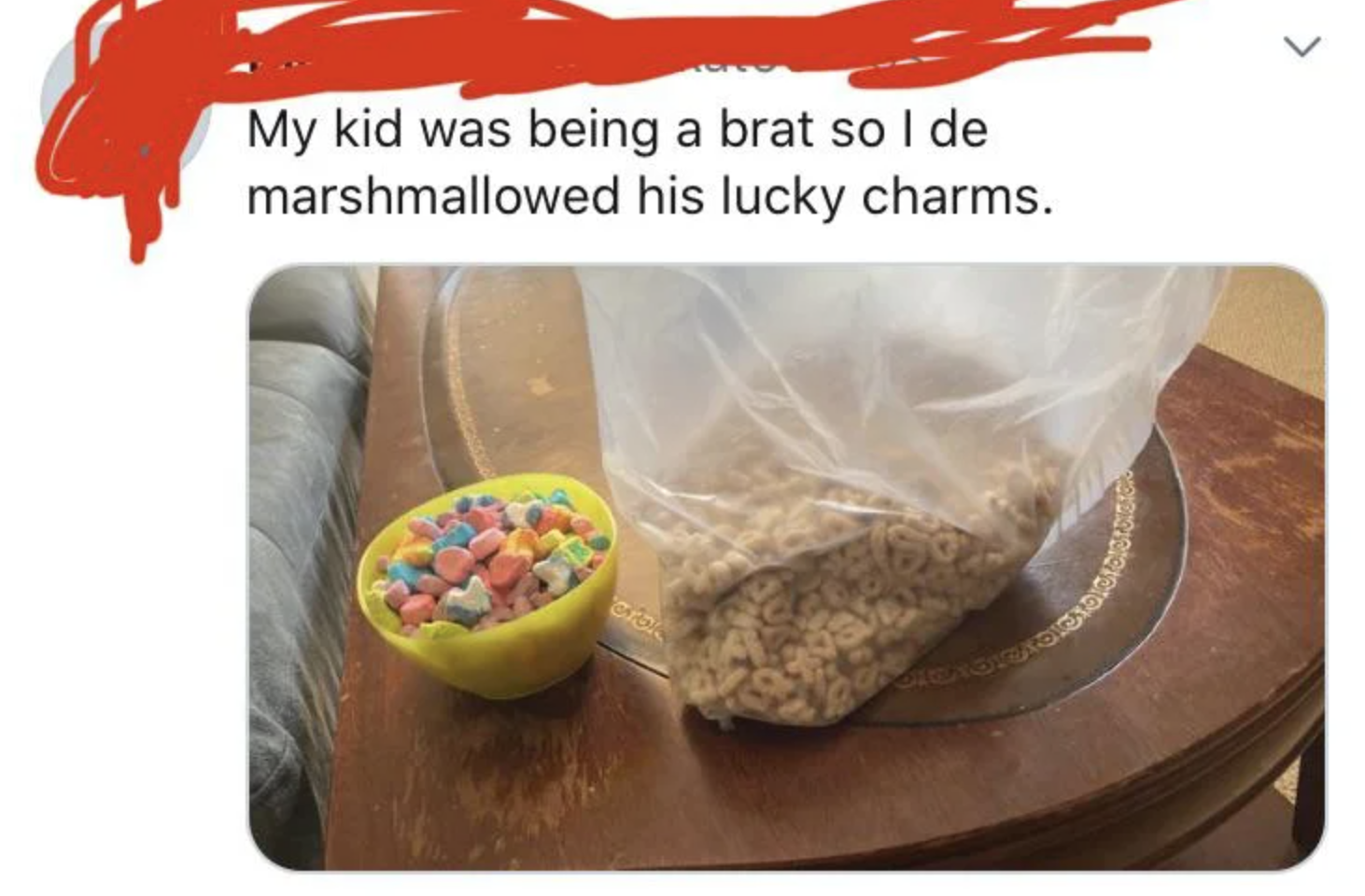 A person who took the marshmallows out of a cereal box because their child was rude