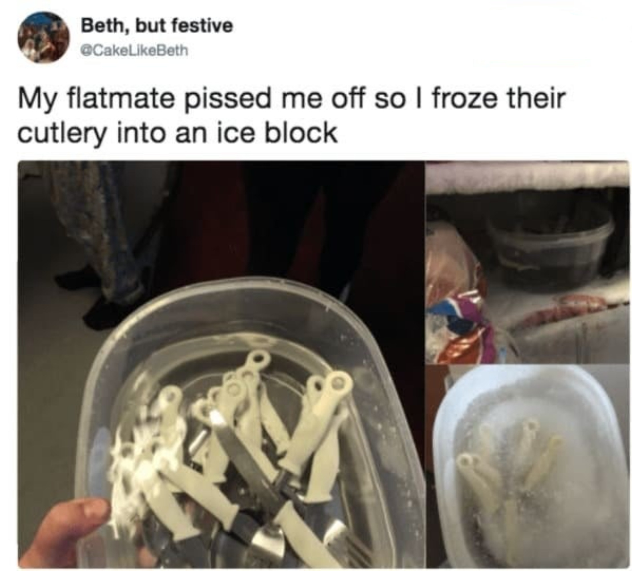 Someone freezes cutlery because their flatmate pissed them off