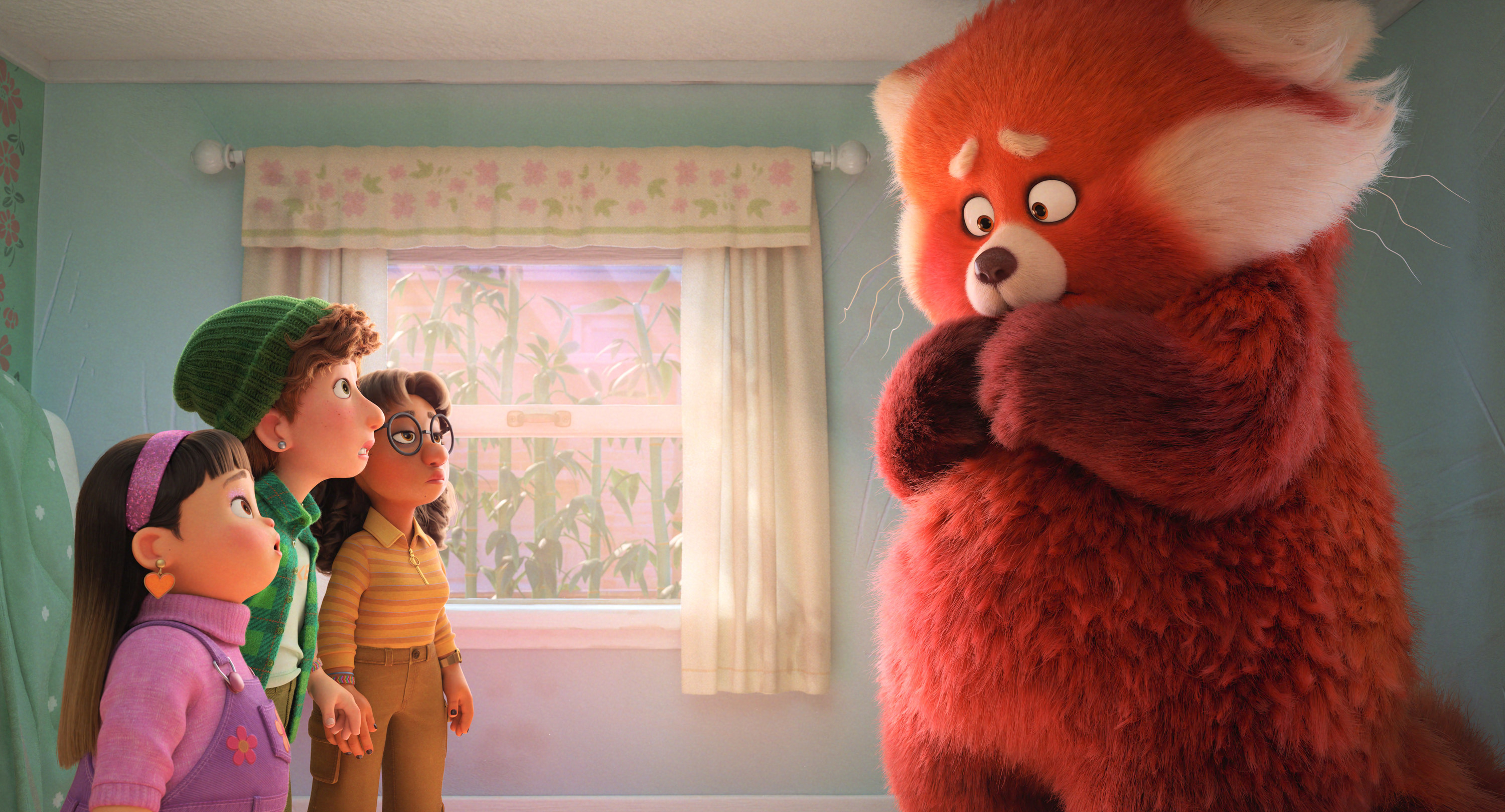 Scene with kids and Mei as a red panda from Turning Red