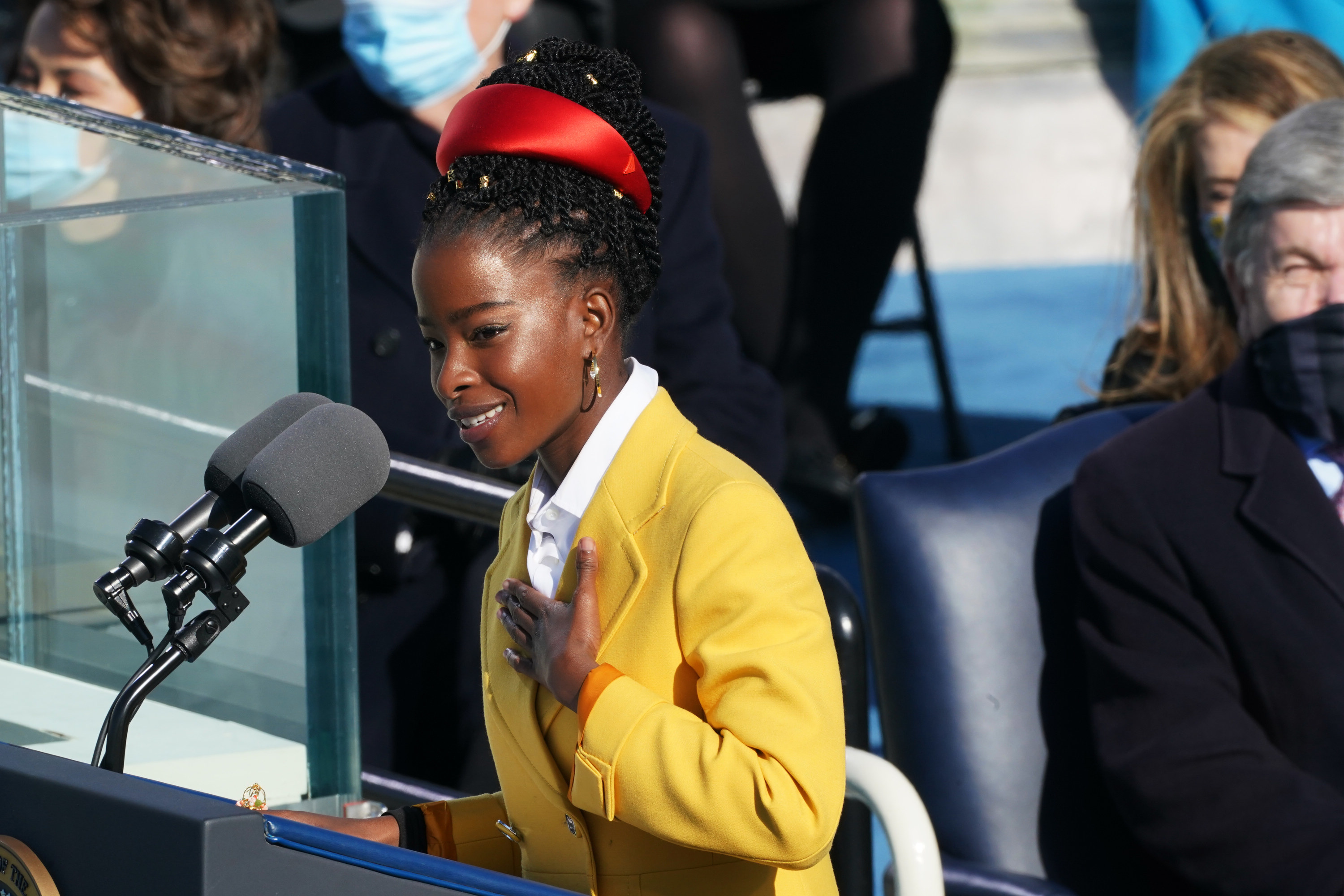 Amanda Gorman recites a poem at President Joe Biden&#x27;s inauguration ceremony in January 2021