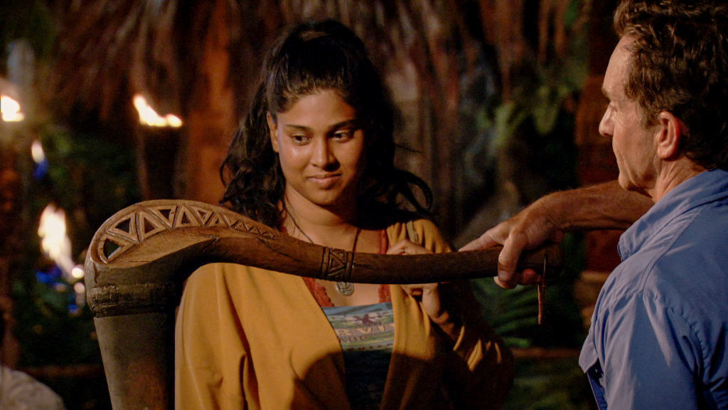 Jeff Probst and Patel during a tribal ceremony