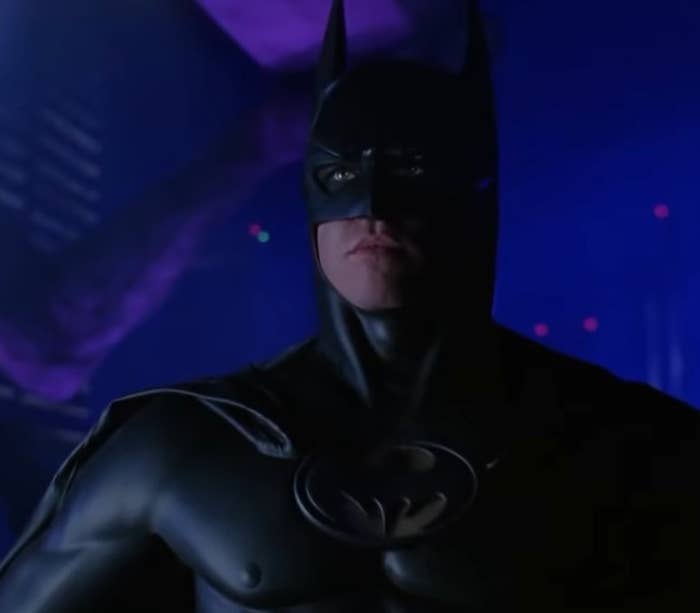 Val Kilmer in the Batsuit with the yellow emblem and nipples