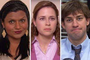 A close up of Kelly Kapoor as she smiles, Pam Beelsy as she looks sad, and Jim Halpert as he purses his lips