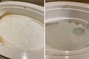 a before and after photo for a jetted tub cleaner