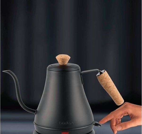 black goose neck electric kettle wit cork handle and top knob