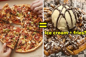 Hands take pizza slices from a box and a scoop of ice cream on a basket of fries