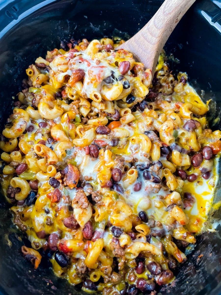 Chili mac in a slow cooker.