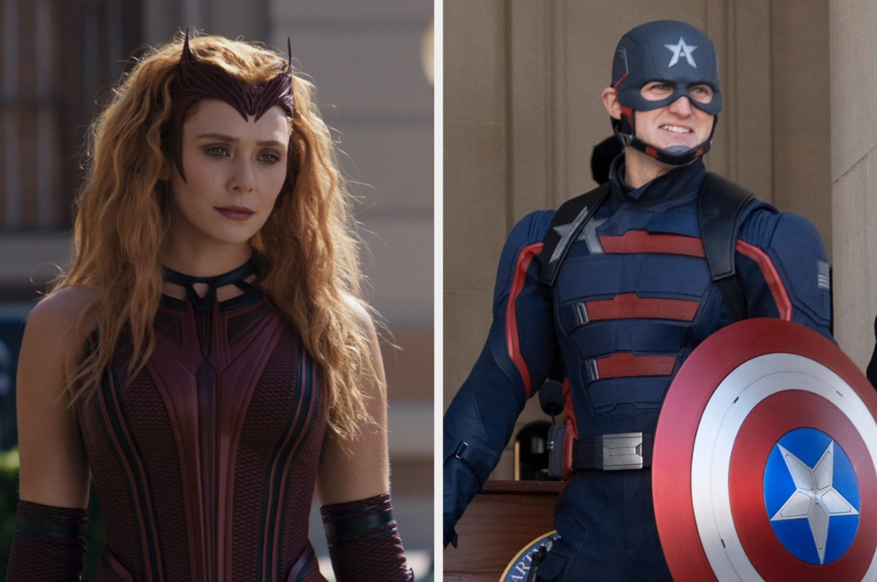 wearing her new Scarlet Witch suit, Wanda confronts Agnes, and John poses in his bootleg Captain America costume