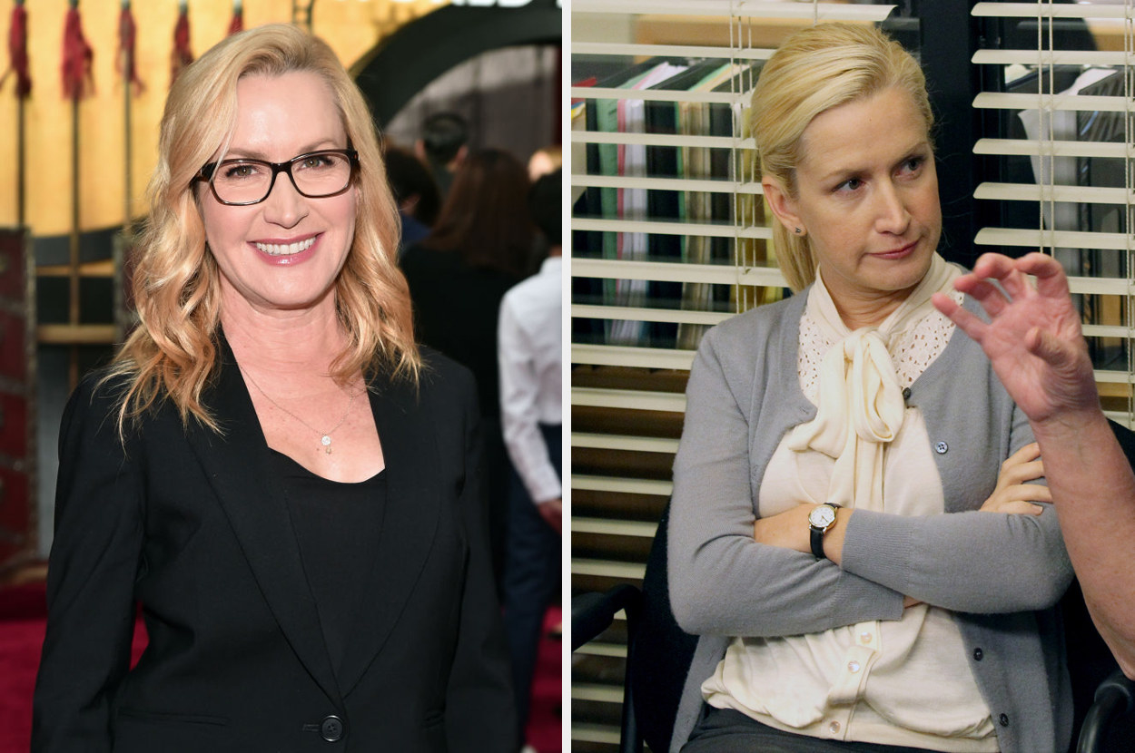 Angela Kinsey smiling vs. Angela Martin (&quot;The Office&quot;) with her arms crossed and looking irritated