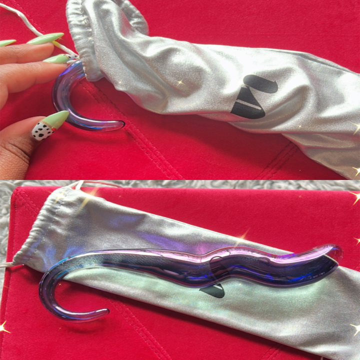 Image of glass sex toy in silver unbound storage bag