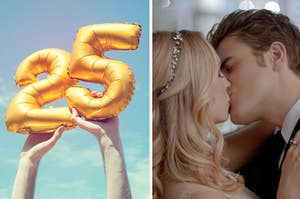 On the left, someone holding up a 2 and a 5 balloon, and on the right, Caroline and Stefan from The Vampire Diaries kissing