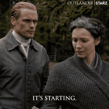 Claire and Jamie standing together and looking worried for their futures