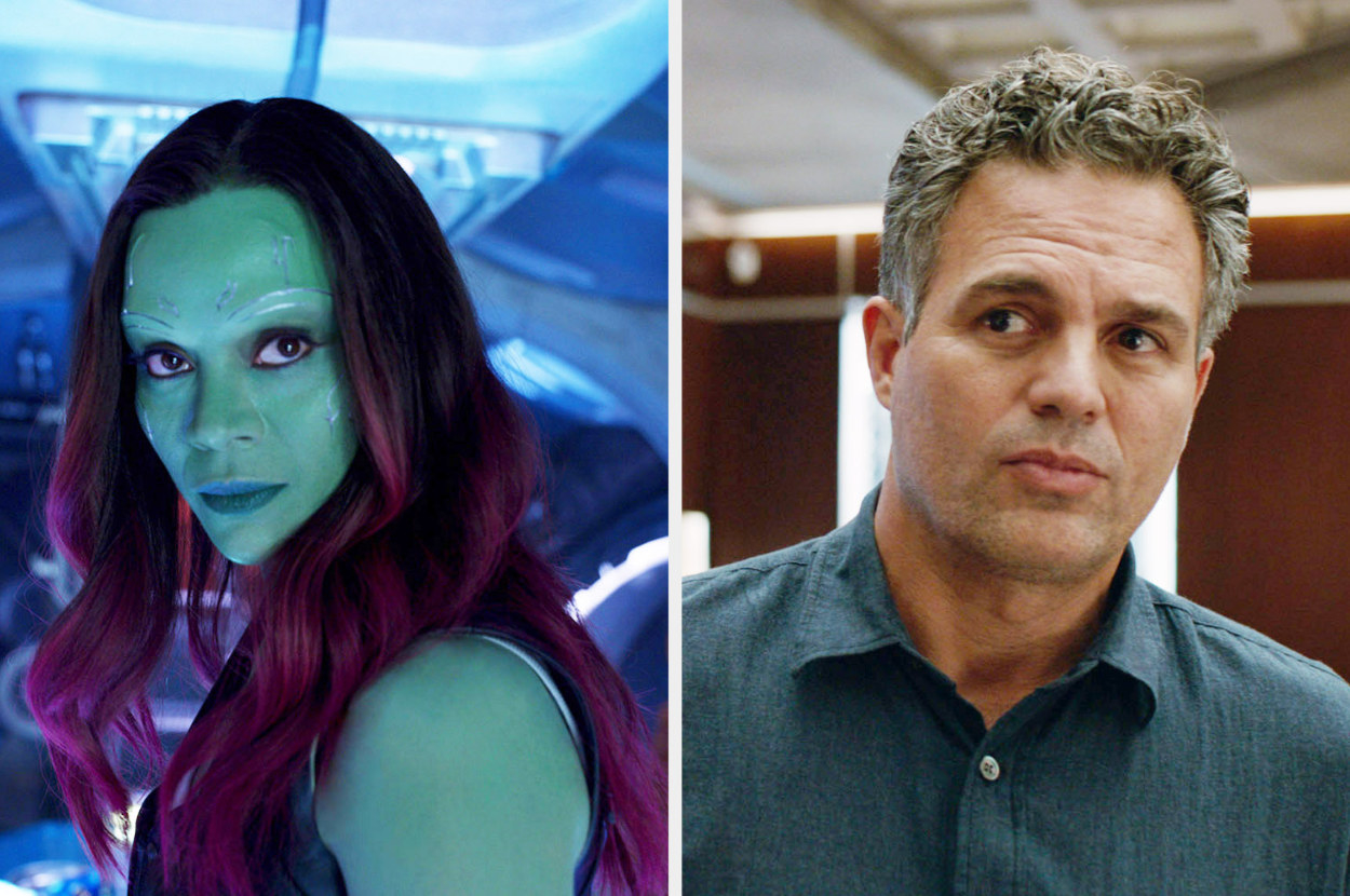 Gamora looks over her shoulder in the strange lighting of the ship, and Bruce casts a skeptical glance