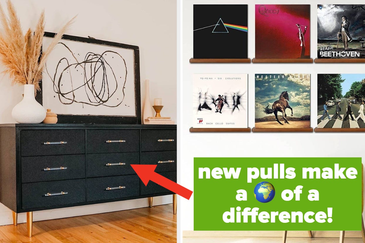 a reviewer's dresser with clear acrylic drawer pulls; a gallery wall of vinyl records mounted on wooden shelves