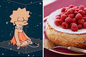 lisa simpson in space on the left and a raspberry cake on the right