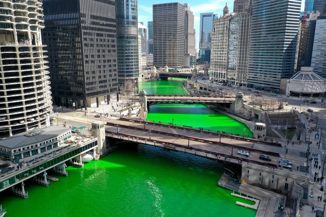 An aerial view of the chicago river dyed bright green with bridges and buildings 