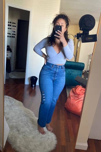 a different reviewer shows the front view of the jeans