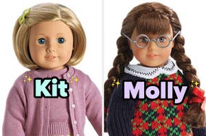 On the left, Kit the American Girl Doll, and on the right, Molly the American Girl Doll