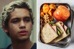 On the left, Elliot from Euphoria, and on the right, a lunch box with an apple, dried fruits, walnuts, and a ham sandwich in it