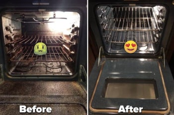 Reviewer pic showing before and after using the oven cleaner, with lots of grime on the right and a completely spotless and clean oven on the left