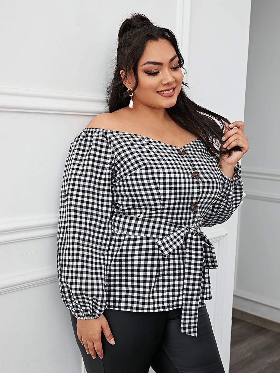 model wearing the gingham top