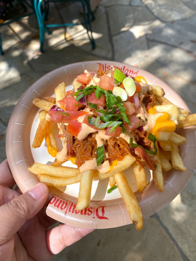A paper plate with fries and all the toppings on it