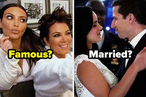 Kim Kardashian stands behind her mother, Kris, and Amy Santiago stands in front of Jake Peralta on their wedding day