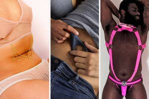 Model wearing nipple and clit clamp, models holding blue cock ring and model wearing hot pink leather body harness