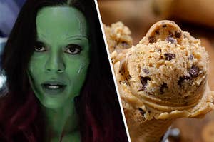 A close up of Gamora as she speaks to someone and a scoop of chocolate chip cookie dough ice cream
