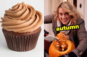On the left, a chocolate cupcake with chocolate frosting, and on the right, Kate McKinnon scooping the guts out of a pumpkin in an SNL sketch labeled autumn