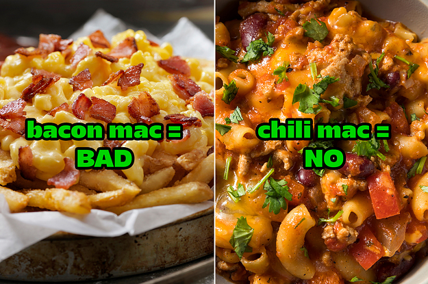 Bacon mac equals bad and chili mac equals no over pictures of both