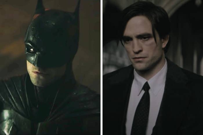 Side-by-sides or Robert in the Batman costume and dressed in a suit as Bruce Wayne