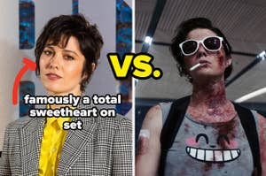 Mary Elizabeth Winstead as herself vs. her character in Kate, and the text "famously a total sweetheart on set"
