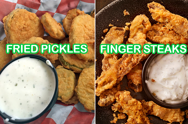 Side-by-side images of fried pickles and finger steaks