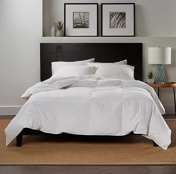 An image of a white down comforter on top of a bed