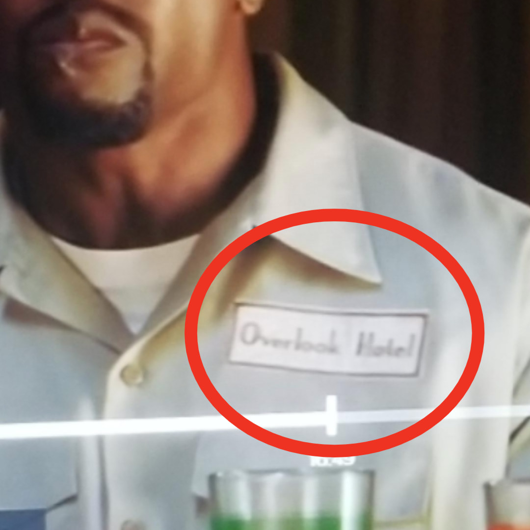 Julius&#x27; &quot;Overlook Hotel&quot; name tag, in reference to &quot;The Shining&quot;